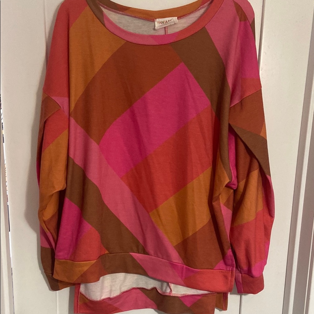 New Fantastic Fawn Bright Multicolor Geometric Oversized Top Shirt SZ SMALL - Picture 2 of 6